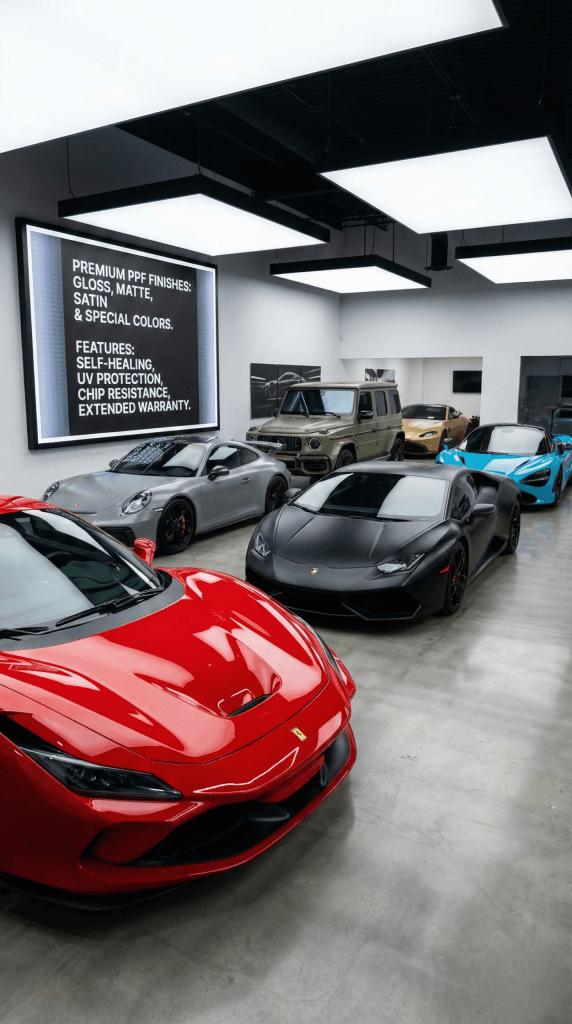 Showroom Premiere Aesthetics cu Ferrari, Lamborghini, Porsche și Mercedes G-Class colantate și protejate cu folie PPF